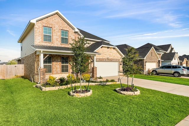 view of front of home featuring brick siding, concrete driveway, a front yard, and fence