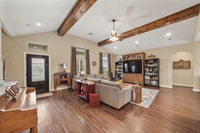 586 Ruby Dr, Bellville, TX 77418 - living area featuring recessed lighting, visible vents, lofted ceiling with beams, dark wood-type flooring, and baseboards