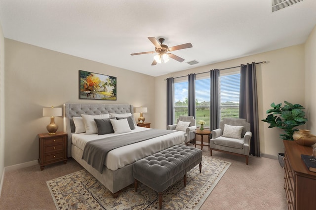 586 Ruby Dr, Bellville, TX 77418 - bedroom featuring baseboards, visible vents, a ceiling fan, and light colored carpet