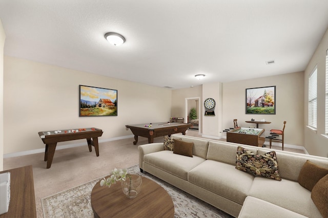 586 Ruby Dr, Bellville, TX 77418 - living area featuring pool table, carpet flooring, visible vents, and baseboards