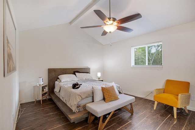 bedroom with lofted ceiling with beams, ceiling fan, dark wood-type flooring, and baseboards