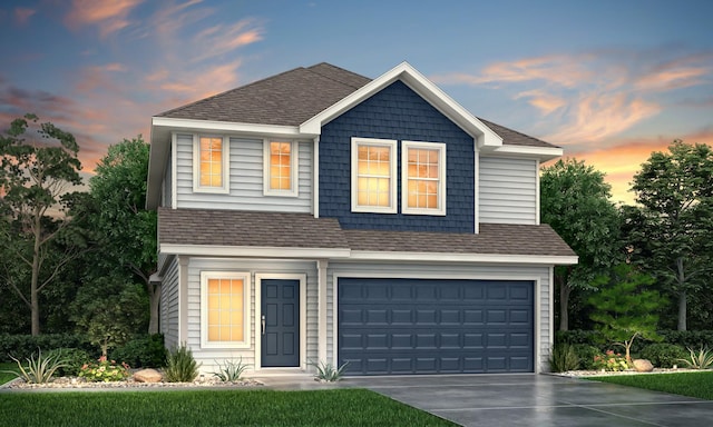 view of front of property with a garage, driveway, and roof with shingles