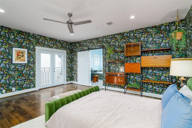 1016 Crocker St, Houston, TX 77019 - bedroom with french doors, wood finished floors, access to outside, baseboards, and wallpapered walls