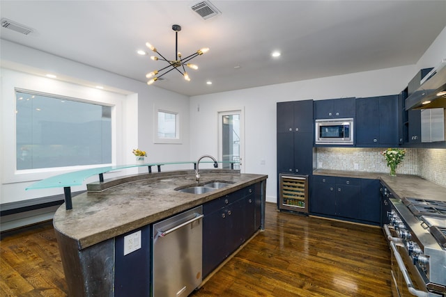 1016 Crocker St, Houston, TX 77019 - kitchen with blue cabinets, a center island with sink, stainless steel appliances, and a sink