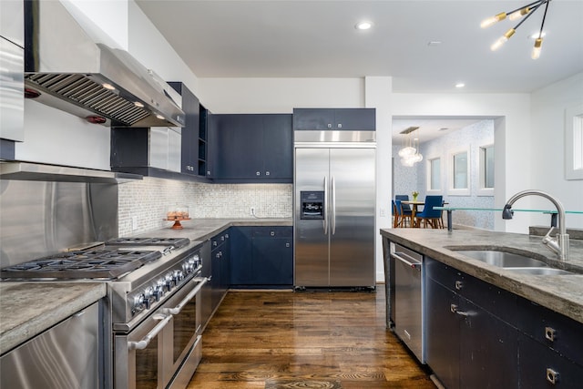 1016 Crocker St, Houston, TX 77019 - kitchen with range hood, stainless steel appliances, dark wood-type flooring, a sink, and blue cabinets