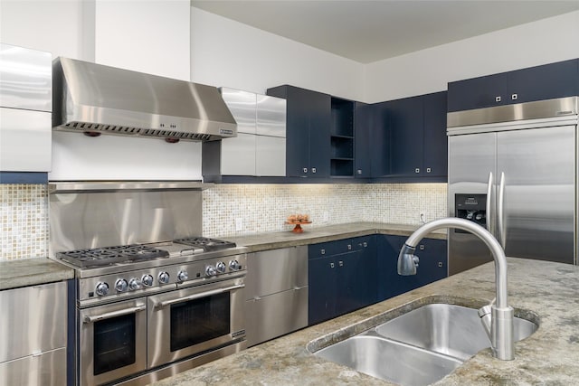 1016 Crocker St, Houston, TX 77019 - kitchen featuring blue cabinetry, stainless steel appliances, a sink, wall chimney range hood, and light stone countertops