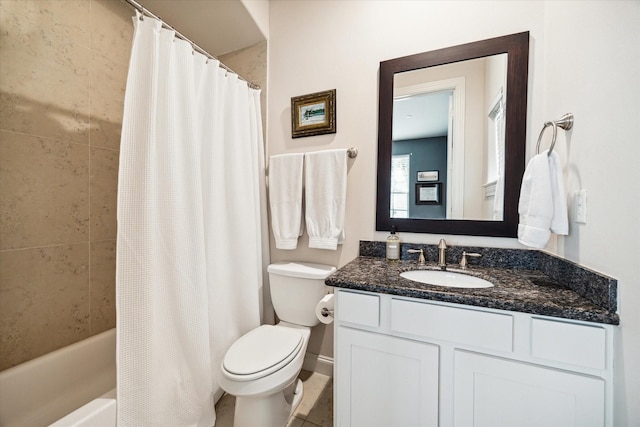 bathroom featuring shower / bath combo, tile patterned flooring, vanity, and toilet