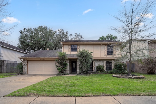 view of front of house featuring fence, an attached garage, stucco siding, concrete driveway, and a front lawn