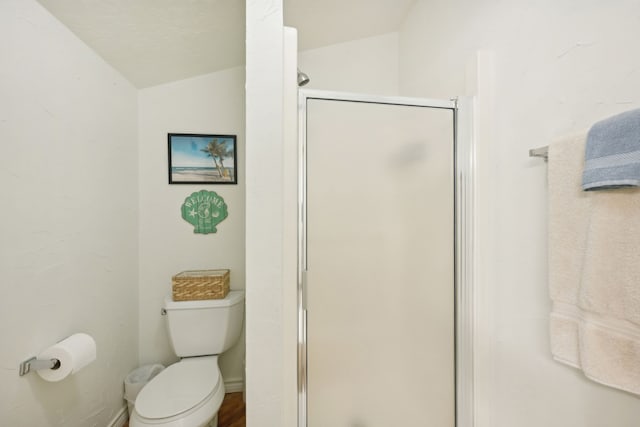 4105 Nueces Dr, Galveston, TX 77554 - full bath with toilet, a stall shower, and vaulted ceiling