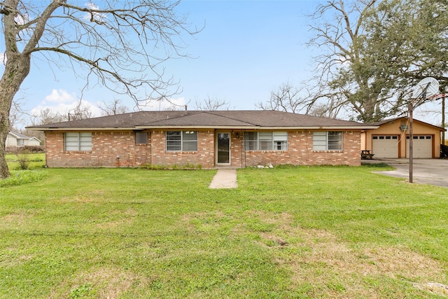 ranch-style house featuring a garage, a front lawn, and brick siding