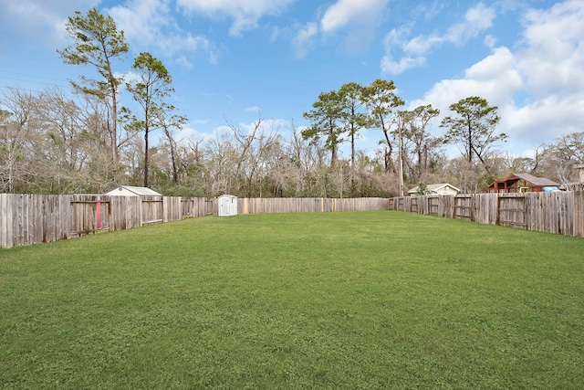 view of yard featuring a fenced backyard, a storage unit, and an outdoor structure