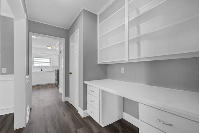 unfurnished office featuring ornamental molding, built in desk, a sink, and dark wood finished floors