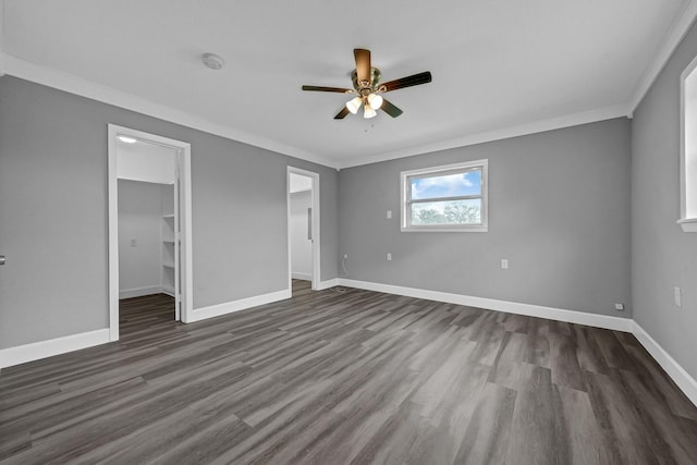 unfurnished bedroom with a spacious closet, baseboards, dark wood finished floors, and ornamental molding