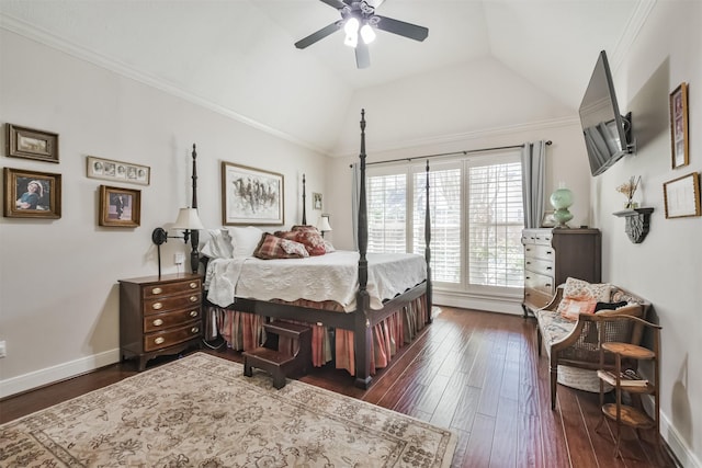 bedroom with lofted ceiling, dark wood-type flooring, and baseboards