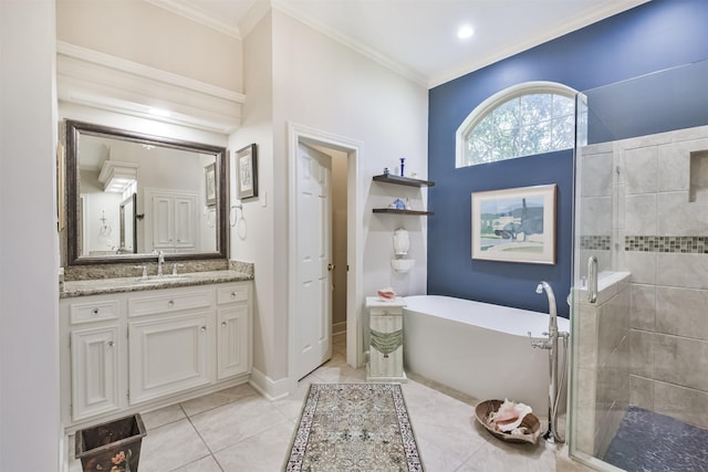 bathroom featuring a soaking tub, a shower stall, and crown molding