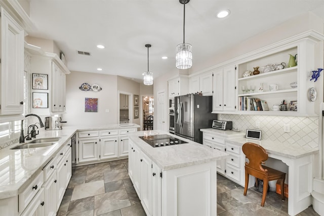 kitchen with black electric cooktop, a sink, visible vents, stainless steel refrigerator with ice dispenser, and open shelves