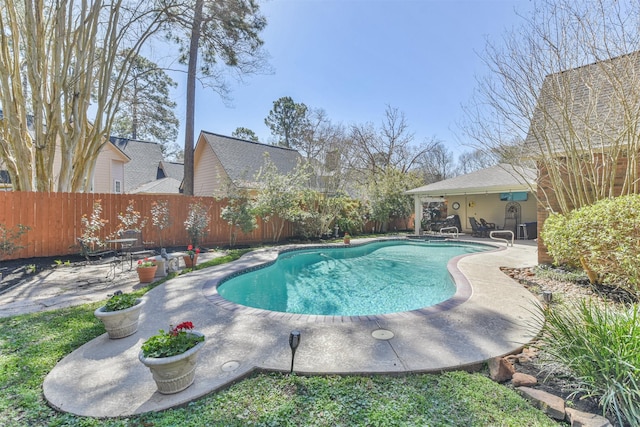 view of pool with a fenced backyard, a fenced in pool, and a patio