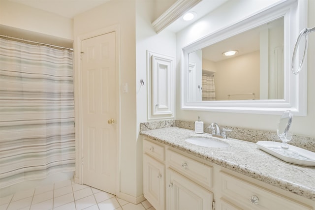 full bath featuring tile patterned flooring, vanity, and a shower with shower curtain