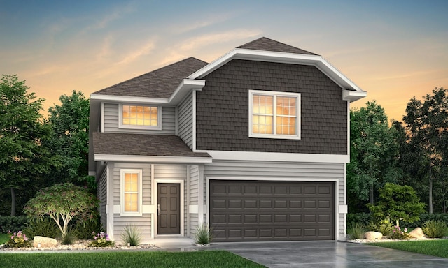 view of front of house featuring a garage, driveway, and a shingled roof