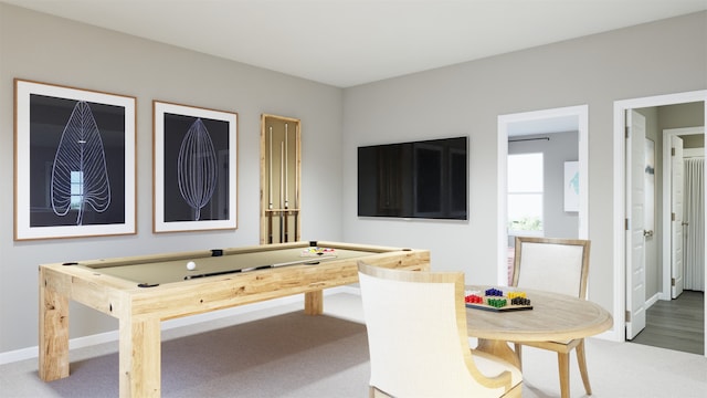 game room featuring pool table, carpet flooring, and baseboards