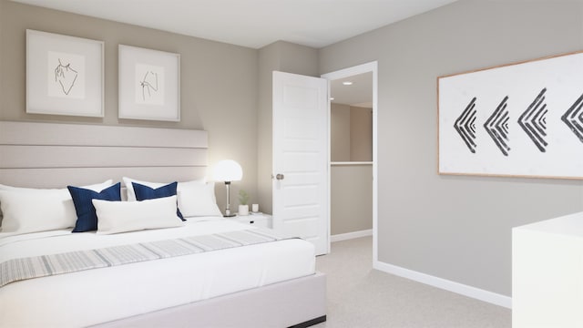 bedroom featuring light carpet and baseboards