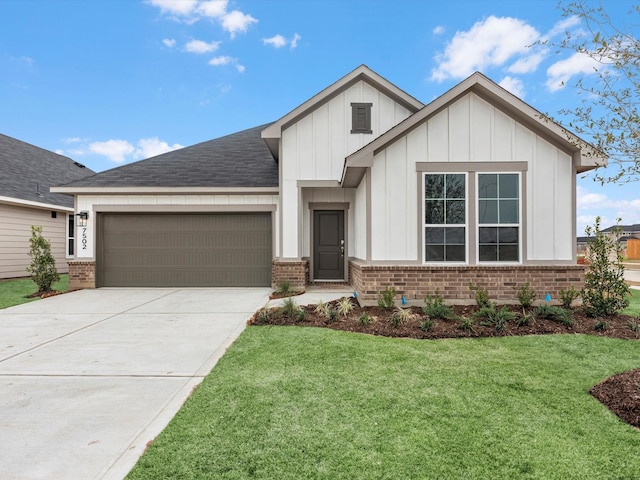 modern inspired farmhouse with driveway, brick siding, board and batten siding, and an attached garage