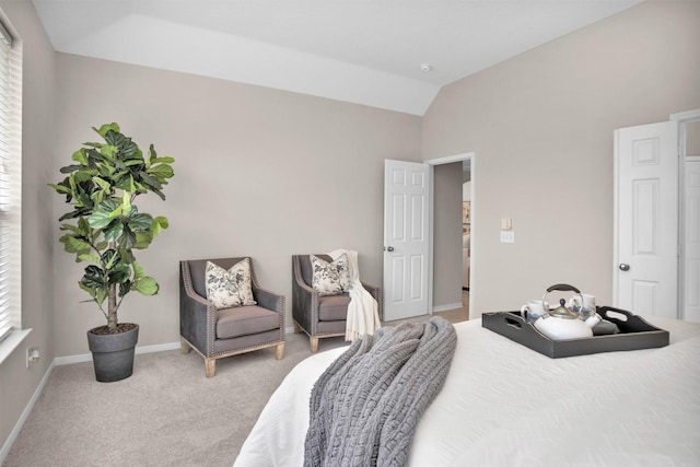 bedroom with carpet floors, lofted ceiling, and baseboards