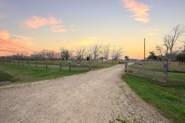 view of street featuring a rural view, driveway, and a gated entry