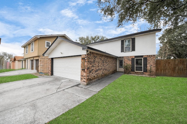 traditional home featuring brick siding, fence, a garage, driveway, and a front lawn