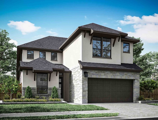 view of front of house featuring stone siding, concrete driveway, fence, and stucco siding