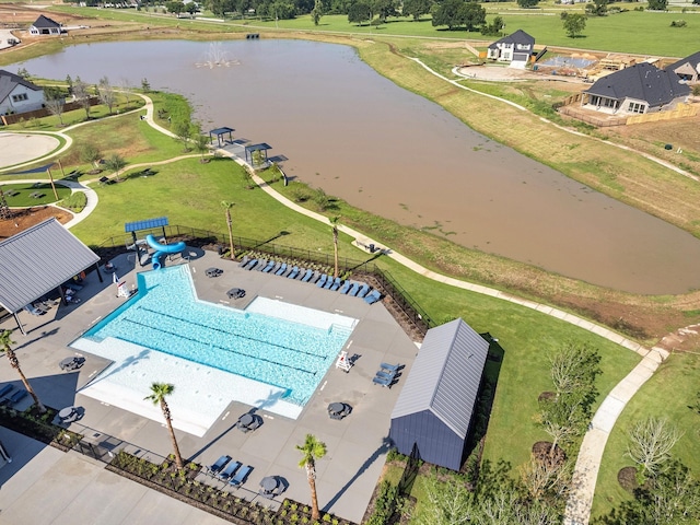 drone / aerial view featuring a water view