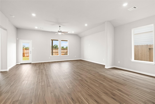 unfurnished living room featuring dark wood-style floors, ceiling fan, visible vents, and recessed lighting