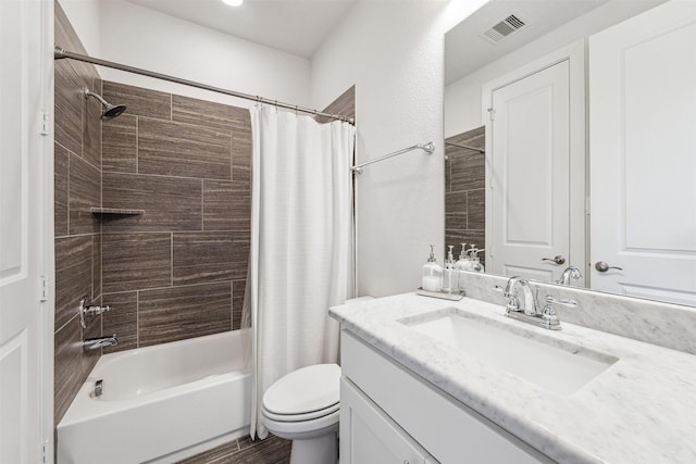 full bath featuring shower / bathtub combination with curtain, visible vents, vanity, and toilet