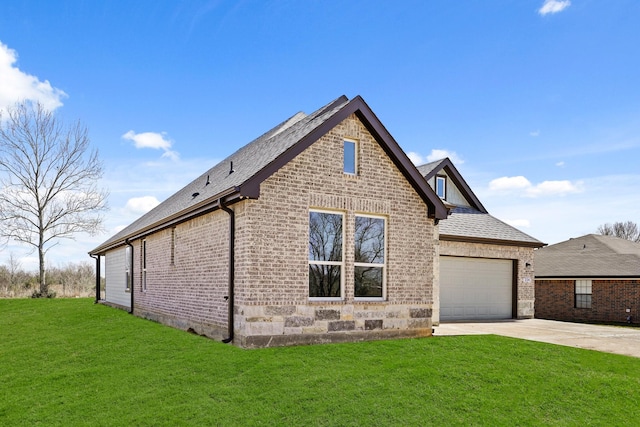 view of property exterior with brick siding, a yard, a shingled roof, concrete driveway, and a garage