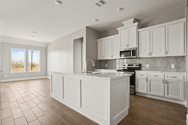 kitchen featuring a sink, white cabinetry, visible vents, appliances with stainless steel finishes, and decorative backsplash