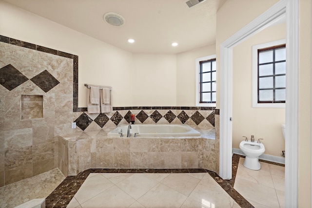 full bath featuring baseboards, tile patterned floors, a garden tub, a bidet, and recessed lighting