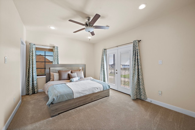 bedroom featuring recessed lighting, carpet flooring, baseboards, access to outside, and french doors