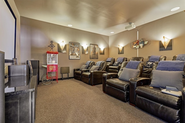 home theater with carpet floors and baseboards