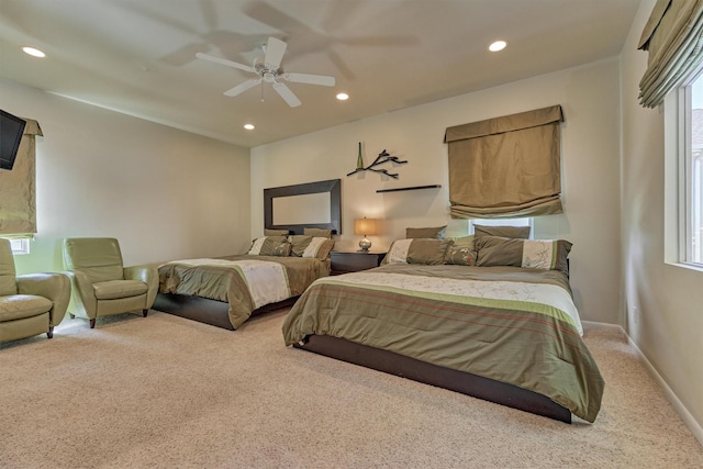 bedroom featuring carpet, baseboards, and recessed lighting