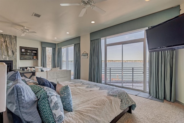 carpeted bedroom with access to exterior, visible vents, a ceiling fan, and recessed lighting