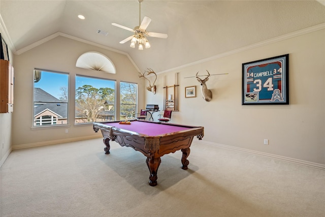 62 Kingwood Greens Dr, Kingwood, TX 77339 - game room with carpet floors, pool table, ornamental molding, and baseboards