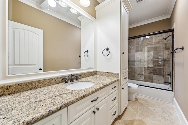 bathroom featuring crown molding, shower / bath combination with glass door, visible vents, toilet, and vanity