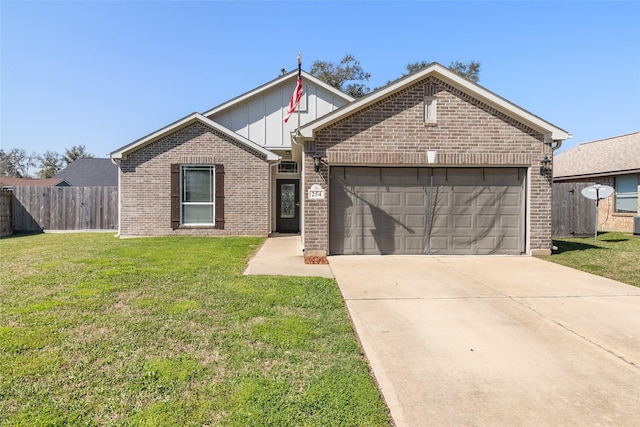 single story home with a front lawn, fence, board and batten siding, concrete driveway, and an attached garage