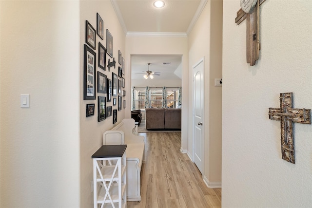 hall with crown molding, light wood-style floors, and baseboards