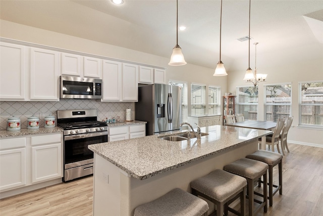 kitchen with visible vents, backsplash, appliances with stainless steel finishes, white cabinetry, and a sink