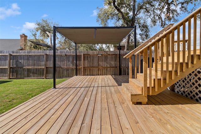 wooden deck featuring a lawn and fence