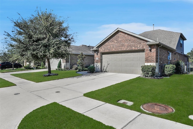 ranch-style home featuring driveway, a garage, brick siding, roof with shingles, and a front yard