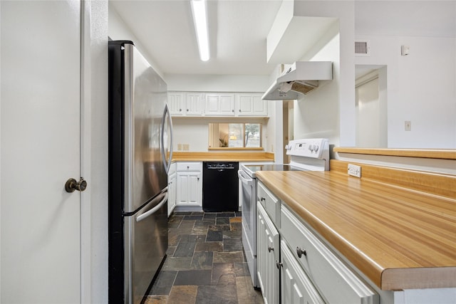 kitchen featuring electric range, under cabinet range hood, stone tile floors, freestanding refrigerator, and dishwasher