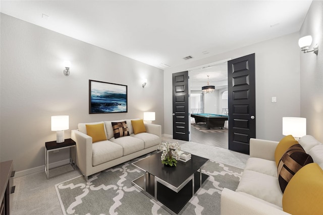 living area featuring pool table, visible vents, and baseboards