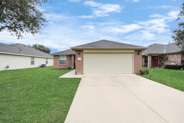 ranch-style house featuring an attached garage, brick siding, concrete driveway, and a front yard